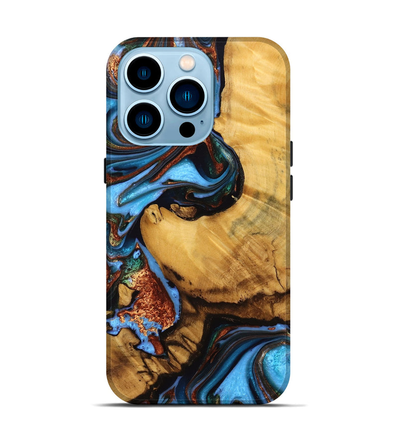 iPhone 14 Pro Wood Live Edge Phone Case - Rubin (Teal & Gold, 746814)