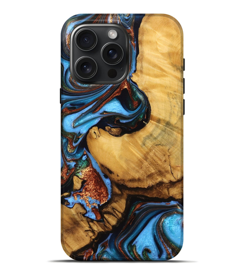 iPhone 16 Pro Max Wood Live Edge Phone Case - Rubin (Teal & Gold, 746814)