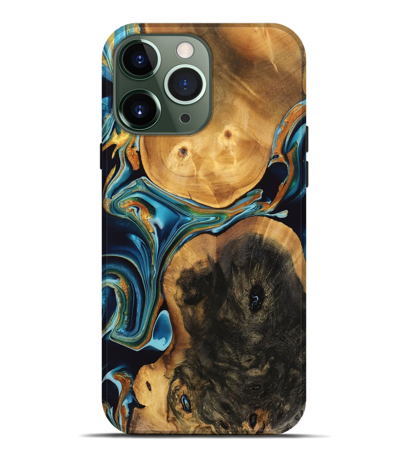 iPhone 13 Pro Max Wood Live Edge Phone Case - Trevor (Teal & Gold, 746815)