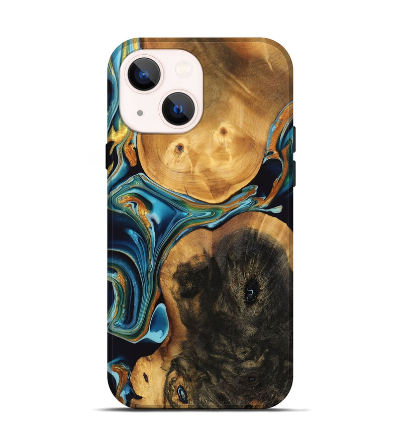 iPhone 14 Wood Live Edge Phone Case - Trevor (Teal & Gold, 746815)