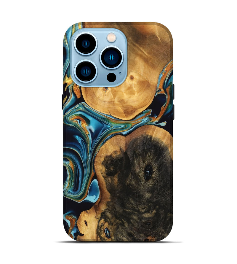 iPhone 14 Pro Wood Live Edge Phone Case - Trevor (Teal & Gold, 746815)