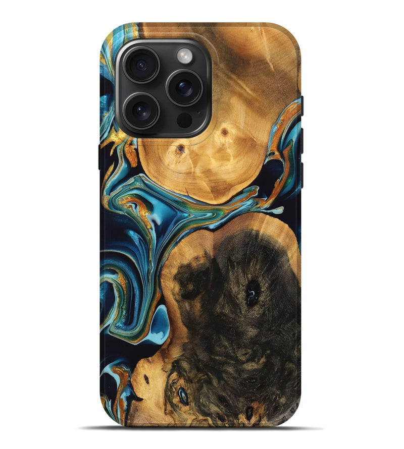 iPhone 16 Pro Max Wood Live Edge Phone Case - Trevor (Teal & Gold, 746815)