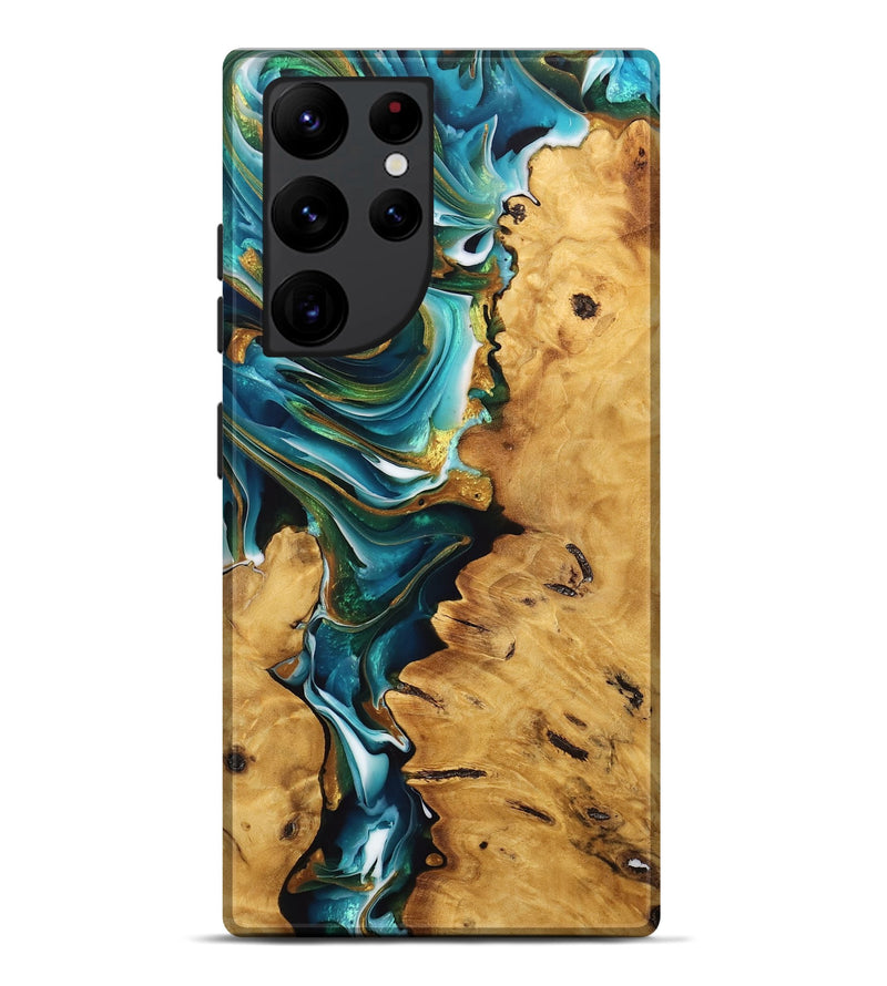 Galaxy S22 Ultra Wood Live Edge Phone Case - Kaeden (Teal & Gold, 746822)