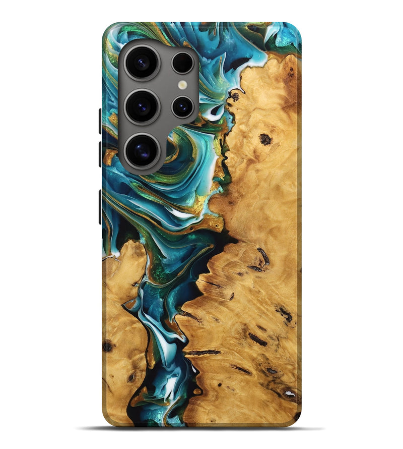 Galaxy S25 Ultra Wood Live Edge Phone Case - Kaeden (Teal & Gold, 746822)