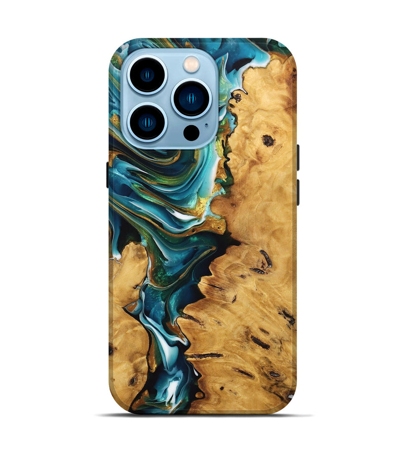 iPhone 14 Pro Wood Live Edge Phone Case - Kaeden (Teal & Gold, 746822)