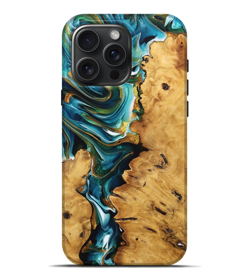 iPhone 16 Pro Max Wood Live Edge Phone Case - Kaeden (Teal & Gold, 746822)