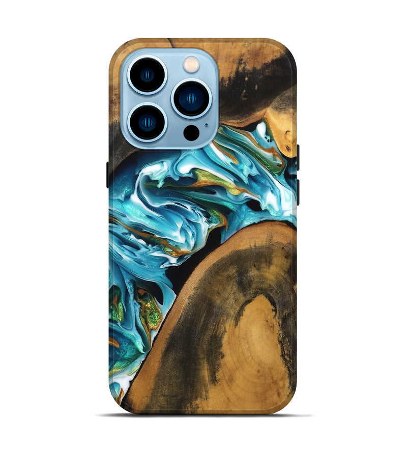 iPhone 14 Pro Wood Live Edge Phone Case - Ayla (Teal & Gold, 746823)