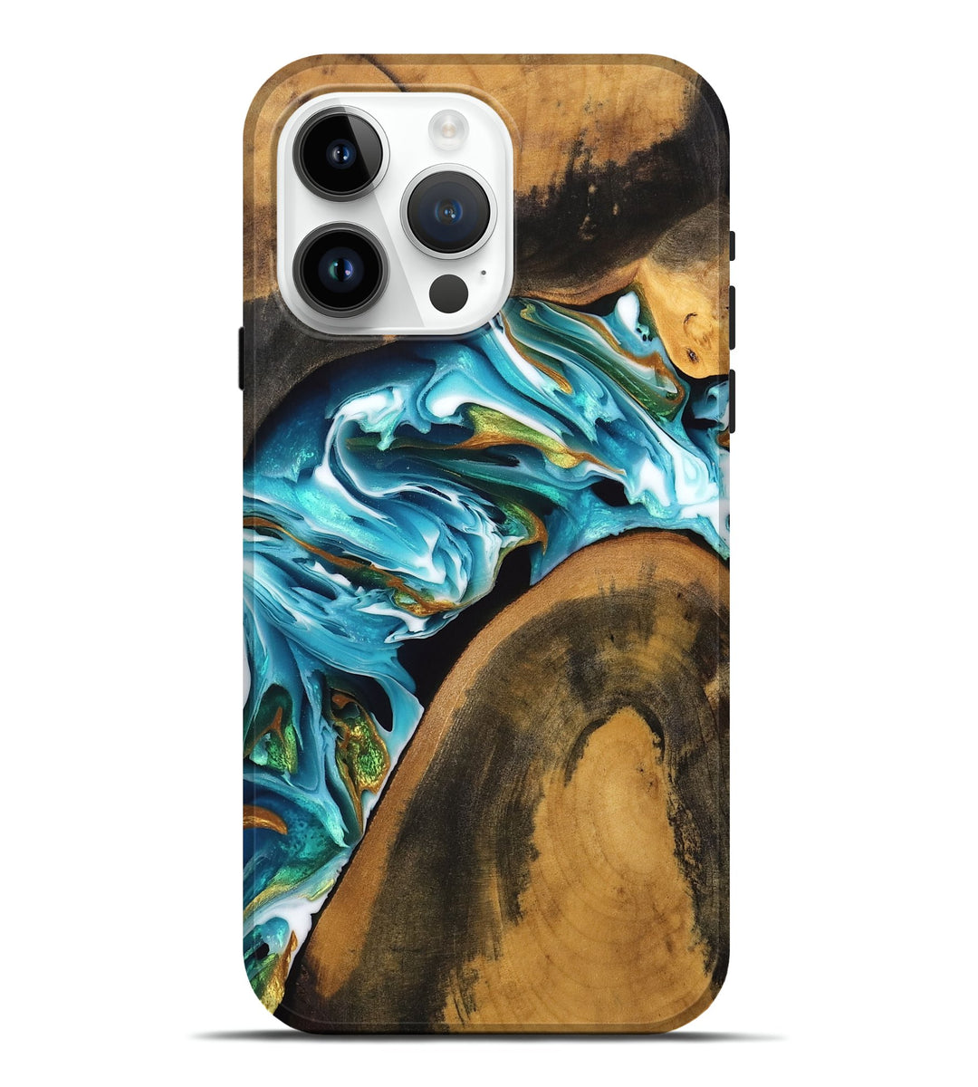 iPhone 15 Pro Max Wood Live Edge Phone Case - Ayla (Teal & Gold, 746823)