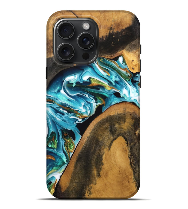 iPhone 16 Pro Max Wood Live Edge Phone Case - Ayla (Teal & Gold, 746823)