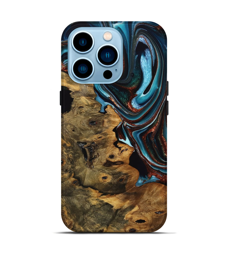 iPhone 14 Pro Wood Live Edge Phone Case - Calista (Teal & Gold, 746824)