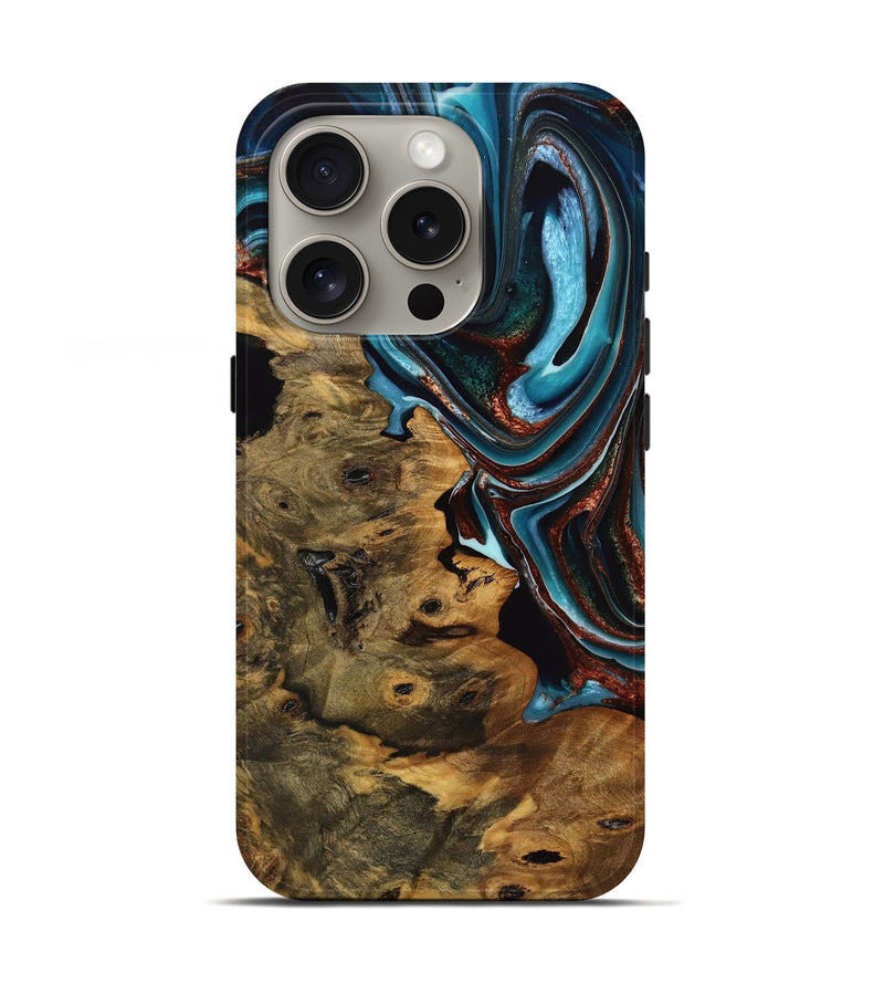 iPhone 16 Pro Wood Live Edge Phone Case - Calista (Teal & Gold, 746824)