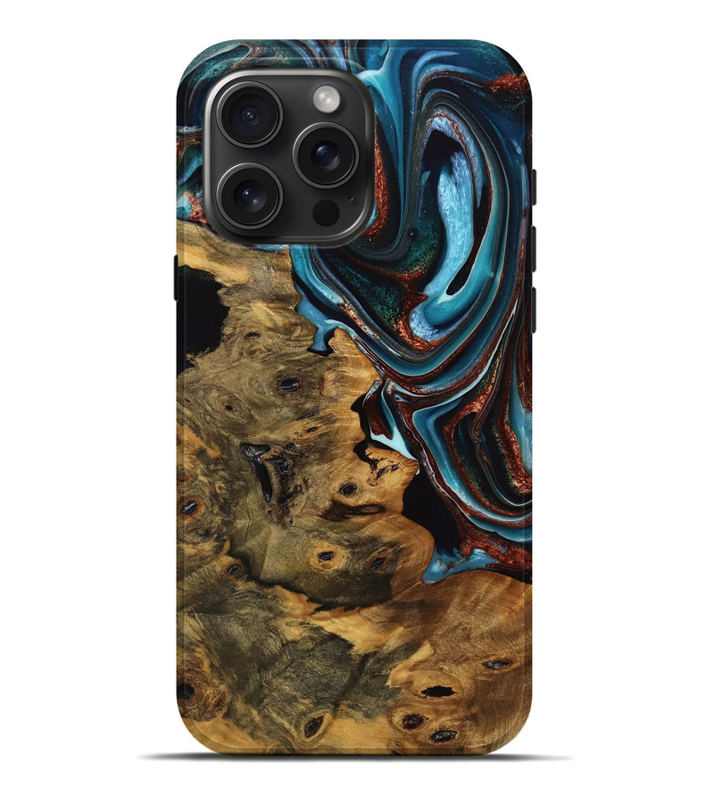 iPhone 16 Pro Max Wood Live Edge Phone Case - Calista (Teal & Gold, 746824)