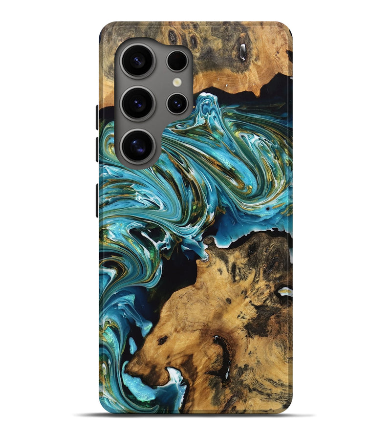 Galaxy S25 Ultra Wood Live Edge Phone Case - Denzel (Teal & Gold, 746825)