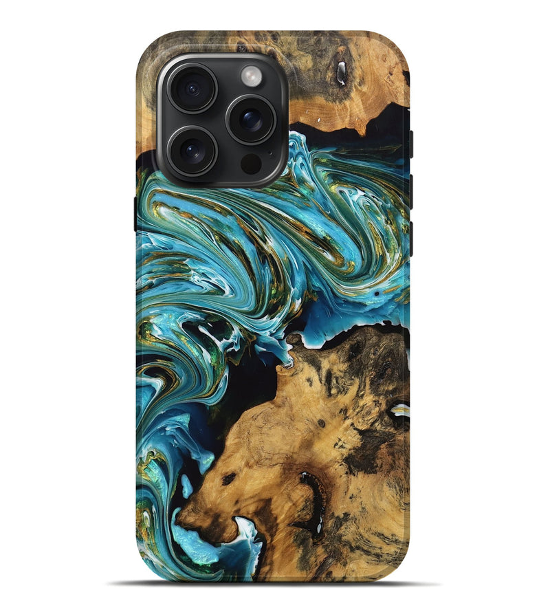 iPhone 16 Pro Max Wood Live Edge Phone Case - Denzel (Teal & Gold, 746825)