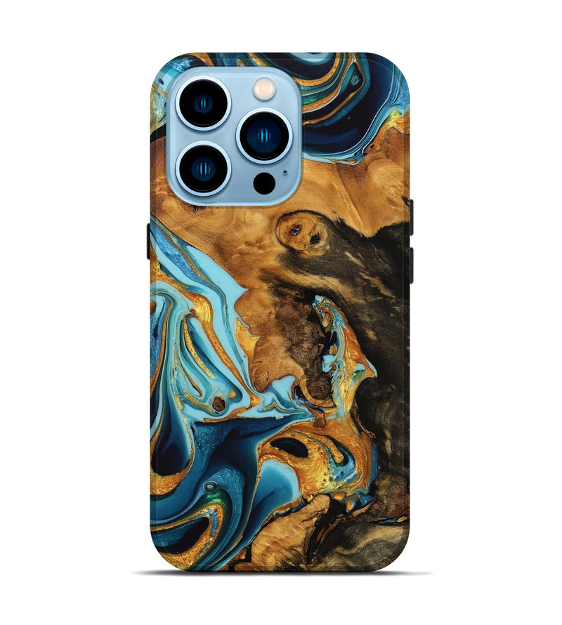 iPhone 14 Pro Wood Live Edge Phone Case - Addisyn (Teal & Gold, 746826)