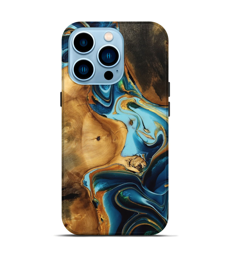 iPhone 14 Pro Wood Live Edge Phone Case - Murray (Teal & Gold, 746827)