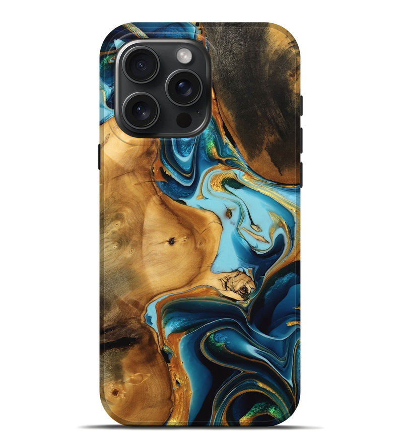 iPhone 16 Pro Max Wood Live Edge Phone Case - Murray (Teal & Gold, 746827)