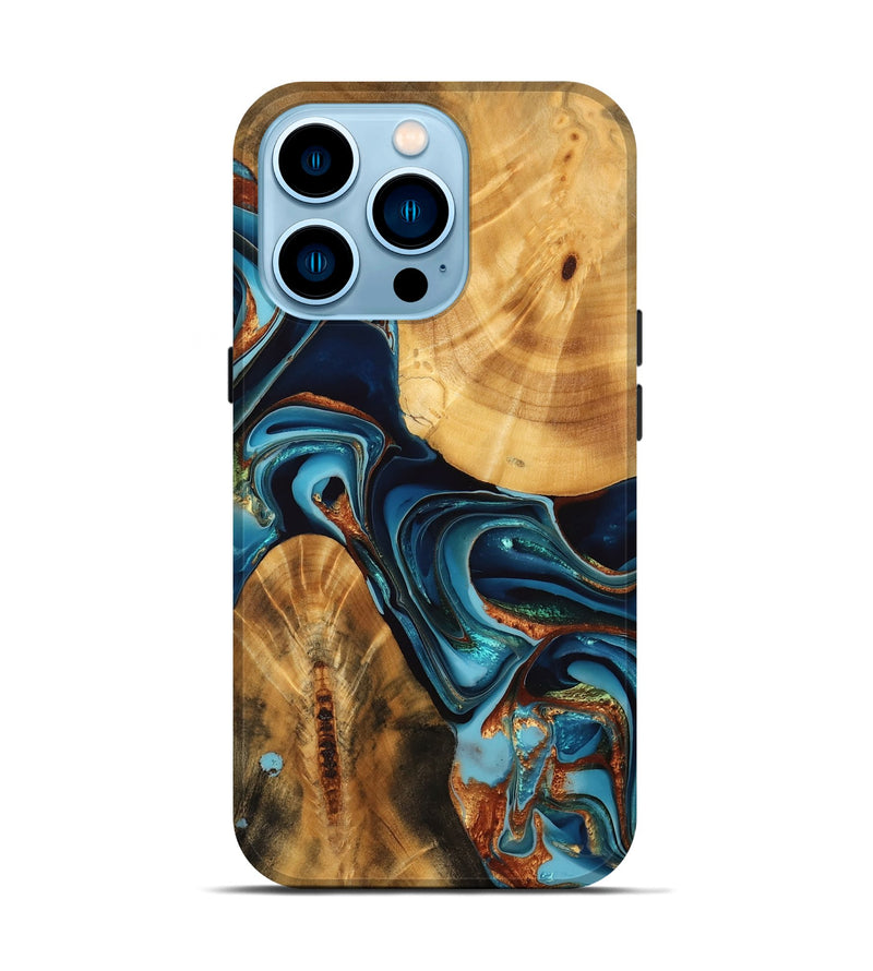 iPhone 14 Pro Wood Live Edge Phone Case - Janessa (Teal & Gold, 746828)