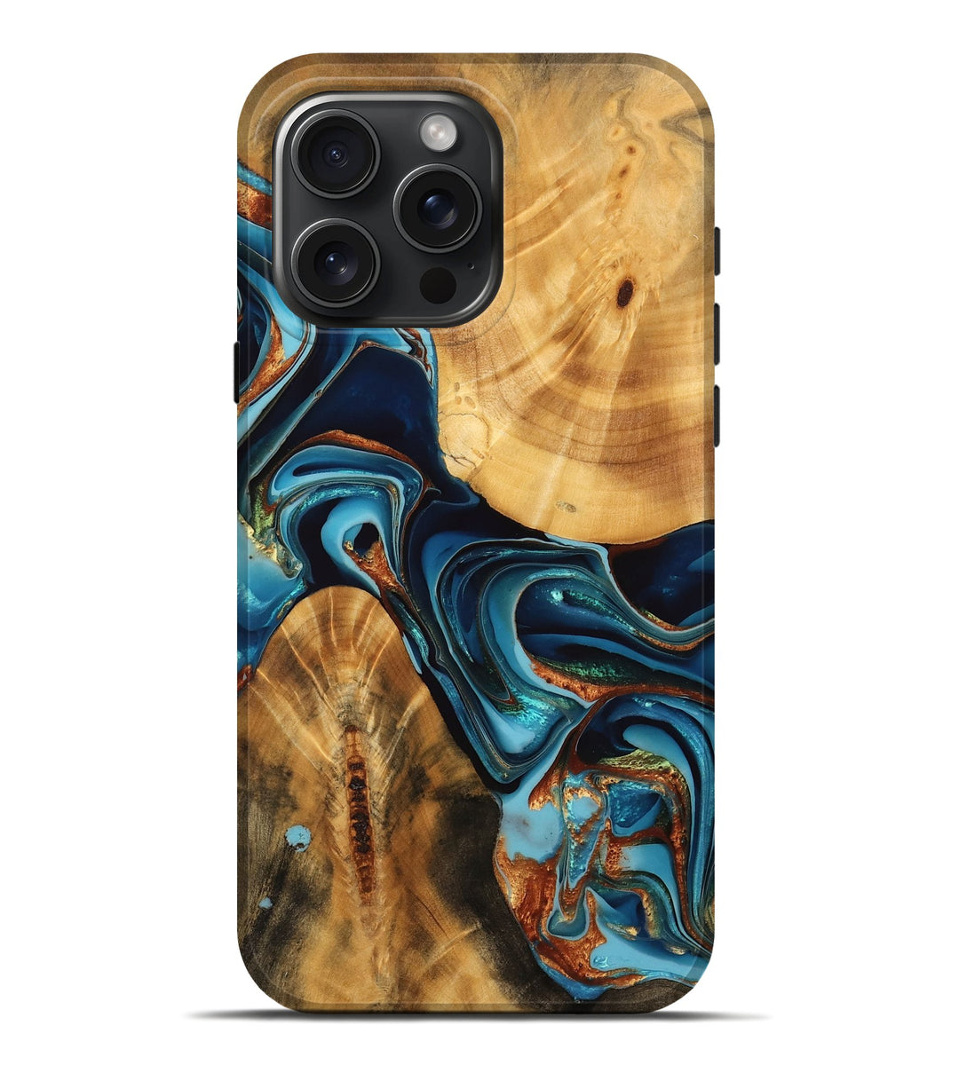 iPhone 16 Pro Max Wood Live Edge Phone Case - Janessa (Teal & Gold, 746828)