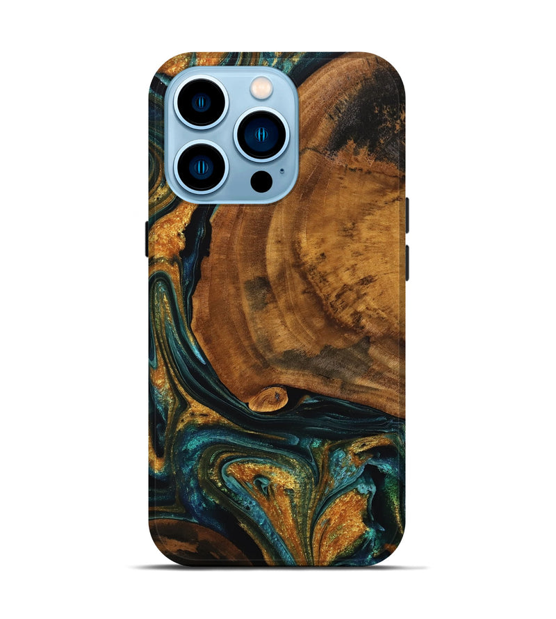 iPhone 14 Pro Wood Live Edge Phone Case - Johanna (Teal & Gold, 746830)