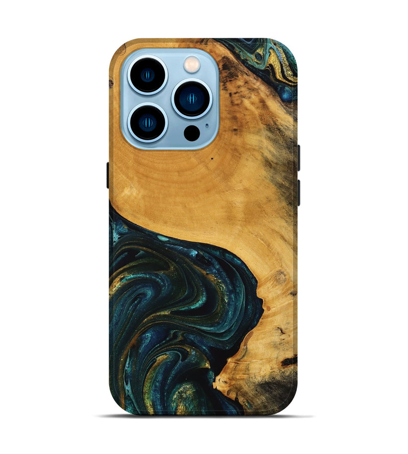 iPhone 14 Pro Wood Live Edge Phone Case - Gerardo (Teal & Gold, 746831)