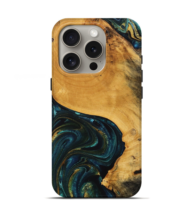 iPhone 16 Pro Wood Live Edge Phone Case - Gerardo (Teal & Gold, 746831)