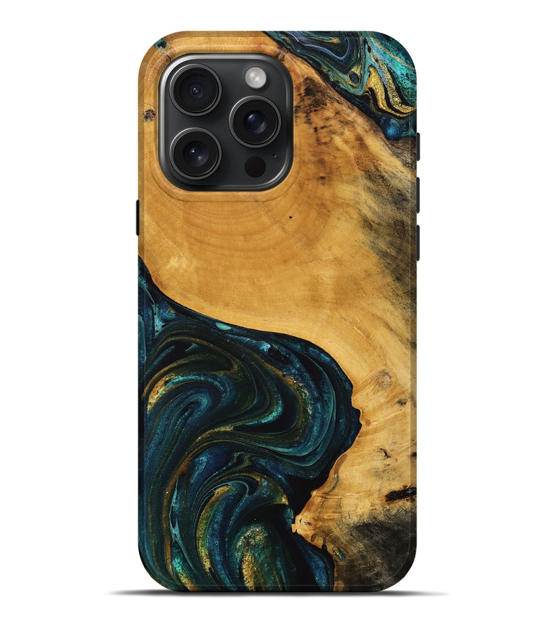 iPhone 16 Pro Max Wood Live Edge Phone Case - Gerardo (Teal & Gold, 746831)