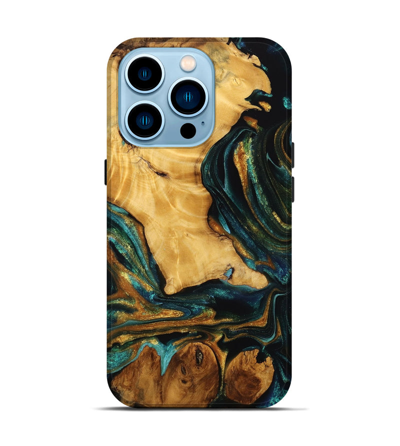 iPhone 14 Pro Wood Live Edge Phone Case - Jadyn (Teal & Gold, 746832)