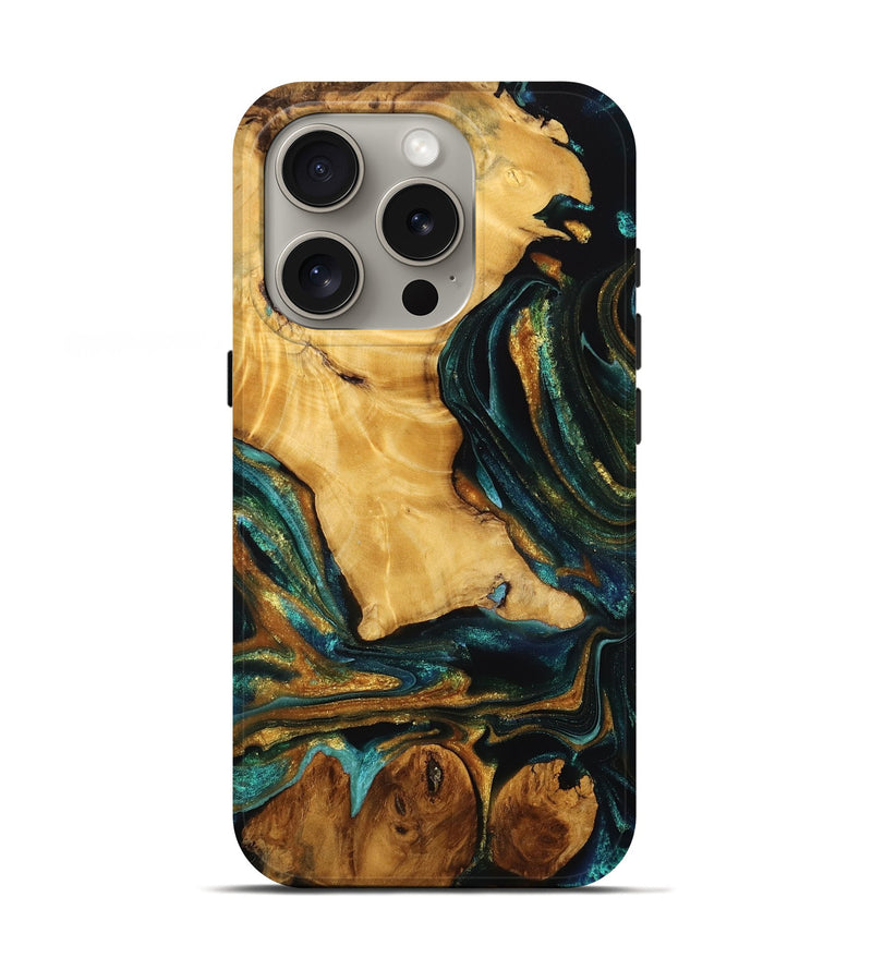 iPhone 16 Pro Wood Live Edge Phone Case - Jadyn (Teal & Gold, 746832)