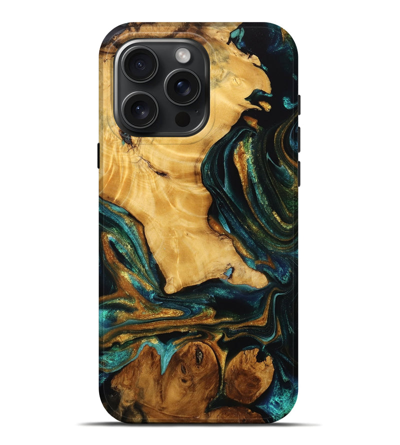 iPhone 16 Pro Max Wood Live Edge Phone Case - Jadyn (Teal & Gold, 746832)