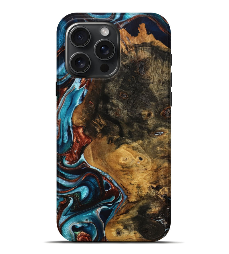 iPhone 16 Pro Max Wood Live Edge Phone Case - Luanne (Teal & Gold, 746833)