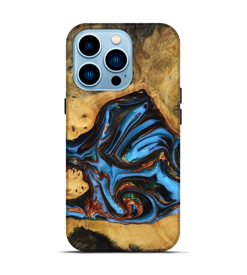 iPhone 14 Pro Wood Live Edge Phone Case - Gertie (Teal & Gold, 746839)