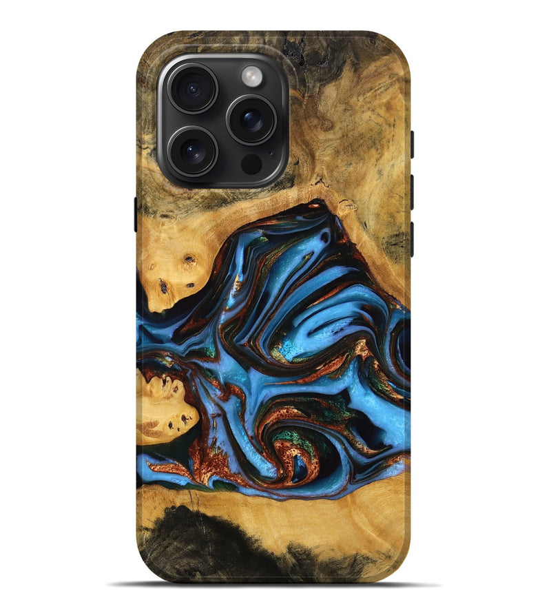 iPhone 16 Pro Max Wood Live Edge Phone Case - Gertie (Teal & Gold, 746839)