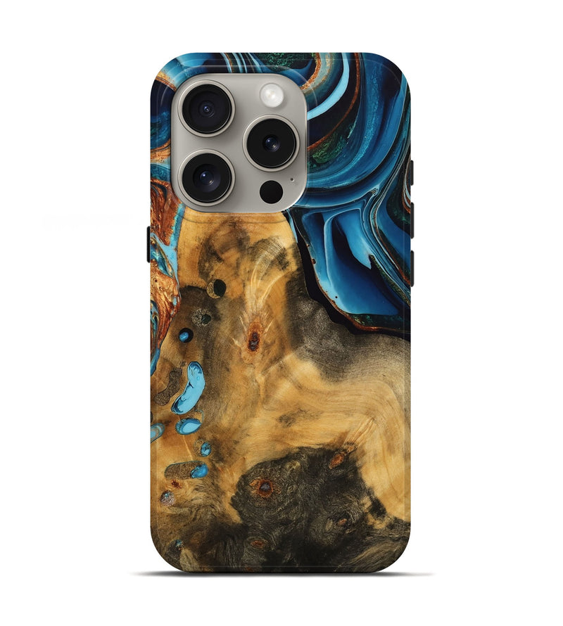 iPhone 16 Pro Wood Live Edge Phone Case - Nikolas (Teal & Gold, 746840)