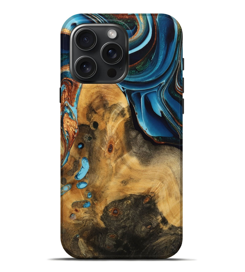 iPhone 16 Pro Max Wood Live Edge Phone Case - Nikolas (Teal & Gold, 746840)