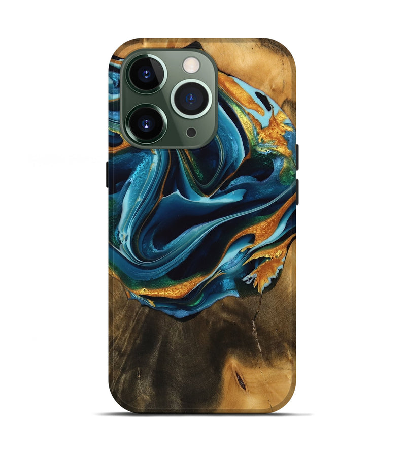 iPhone 13 Pro Wood Live Edge Phone Case - Aspen (Teal & Gold, 746841)