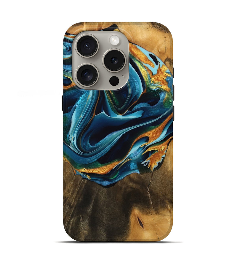 iPhone 16 Pro Wood Live Edge Phone Case - Aspen (Teal & Gold, 746841)