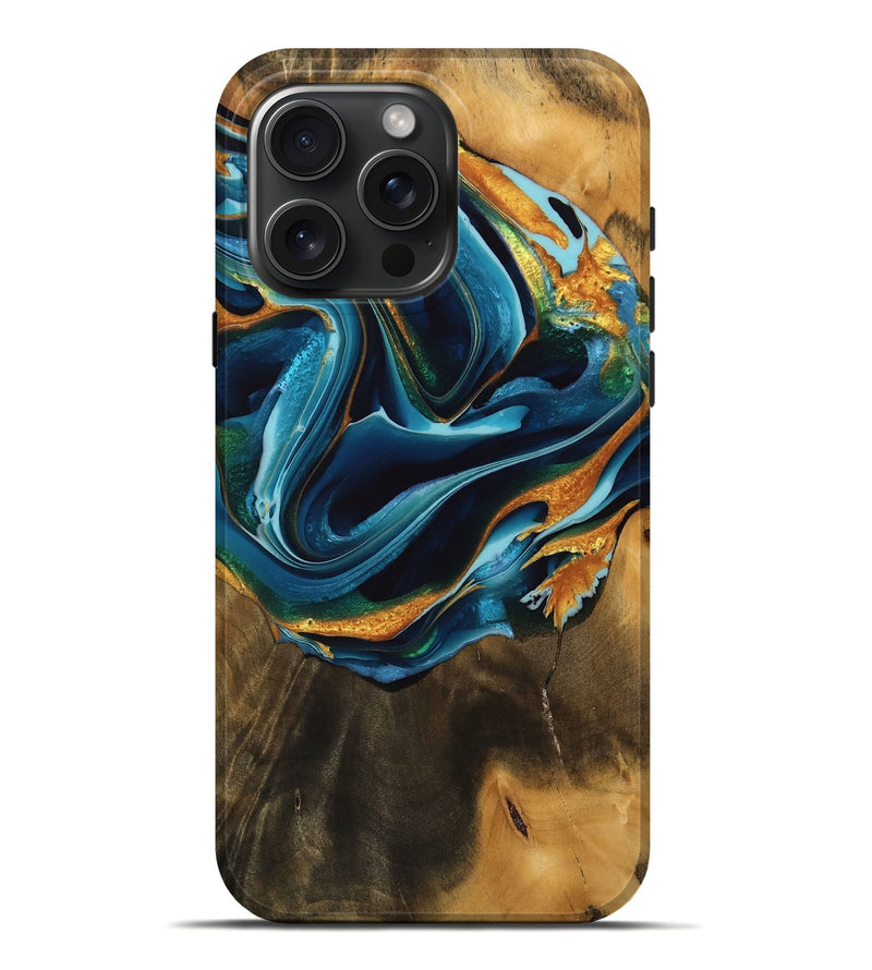 iPhone 16 Pro Max Wood Live Edge Phone Case - Aspen (Teal & Gold, 746841)