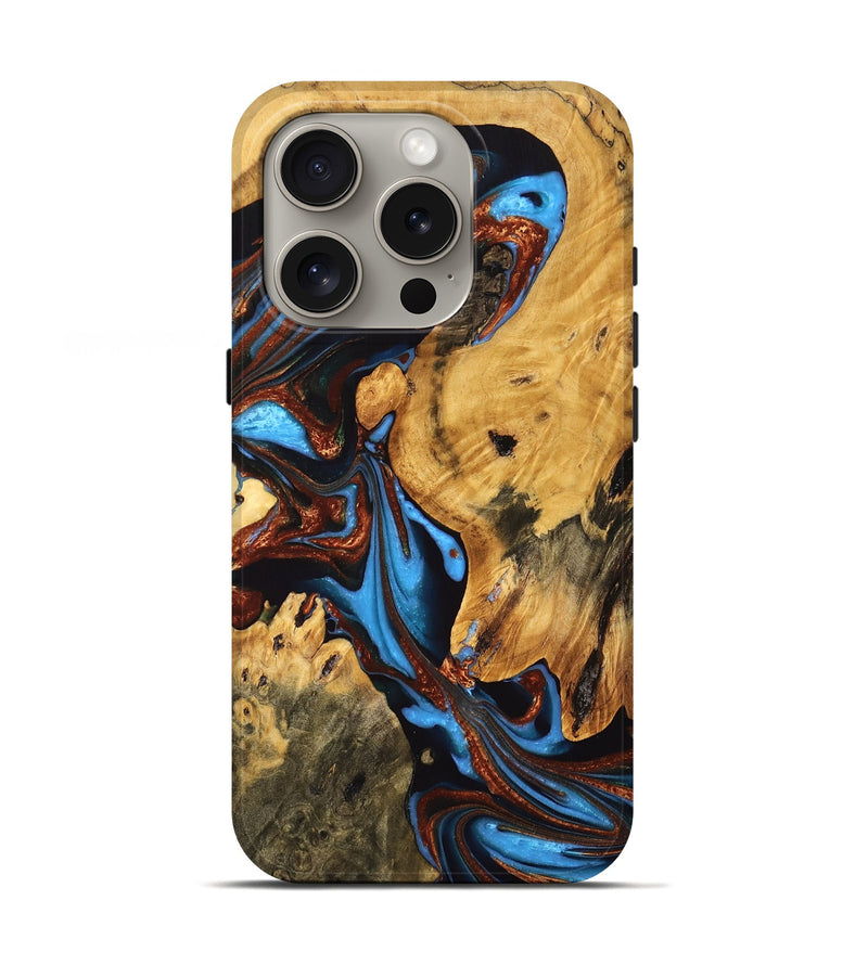 iPhone 16 Pro Wood Live Edge Phone Case - Huey (Teal & Gold, 747190)