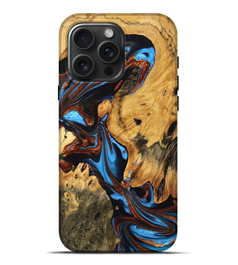 iPhone 16 Pro Max Wood Live Edge Phone Case - Huey (Teal & Gold, 747190)