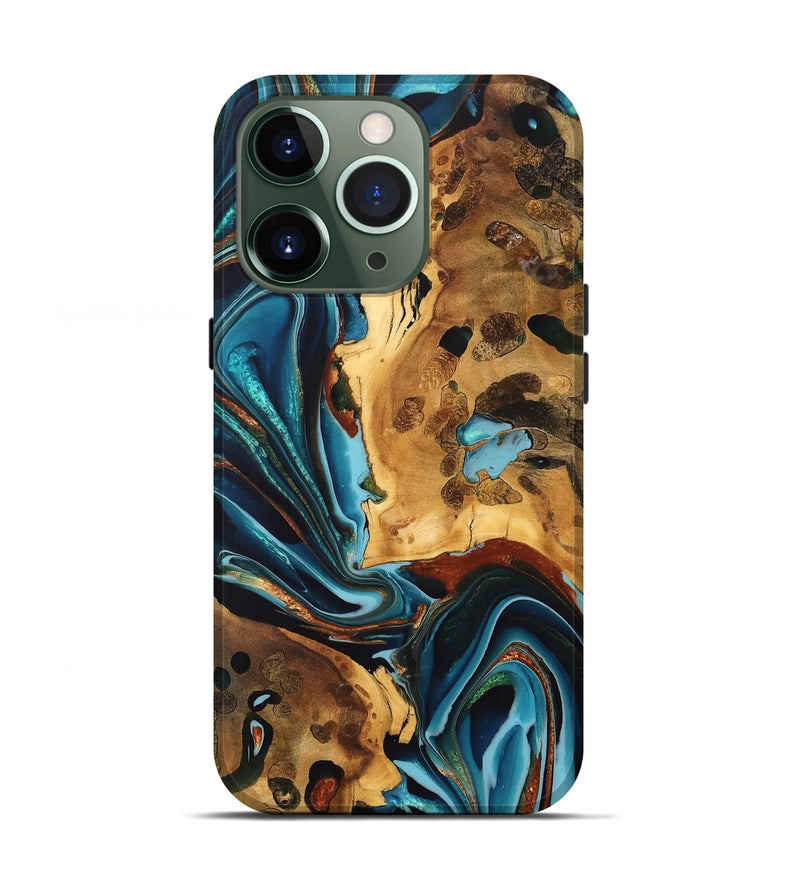 iPhone 13 Pro Wood Live Edge Phone Case - Myron (Teal & Gold, 747196)