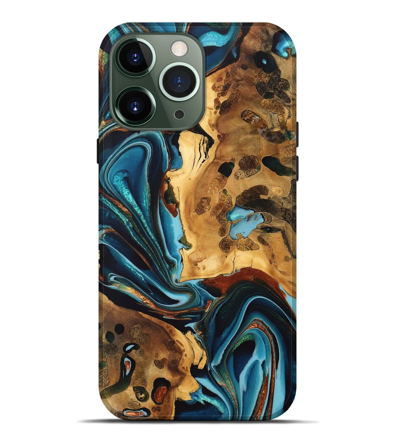 iPhone 13 Pro Max Wood Live Edge Phone Case - Myron (Teal & Gold, 747196)