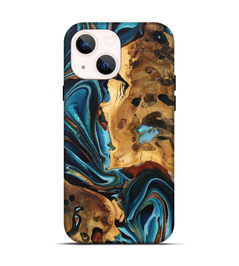 iPhone 14 Wood Live Edge Phone Case - Myron (Teal & Gold, 747196)