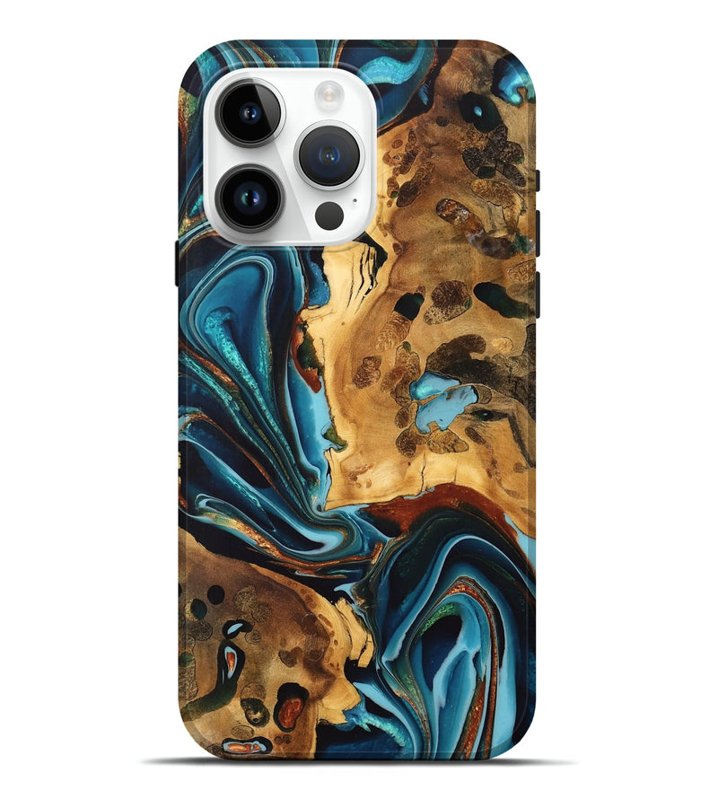 iPhone 15 Pro Max Wood Live Edge Phone Case - Myron (Teal & Gold, 747196)