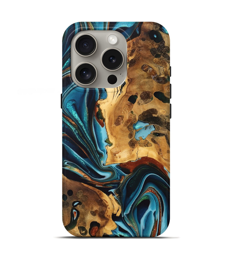 iPhone 16 Pro Wood Live Edge Phone Case - Myron (Teal & Gold, 747196)