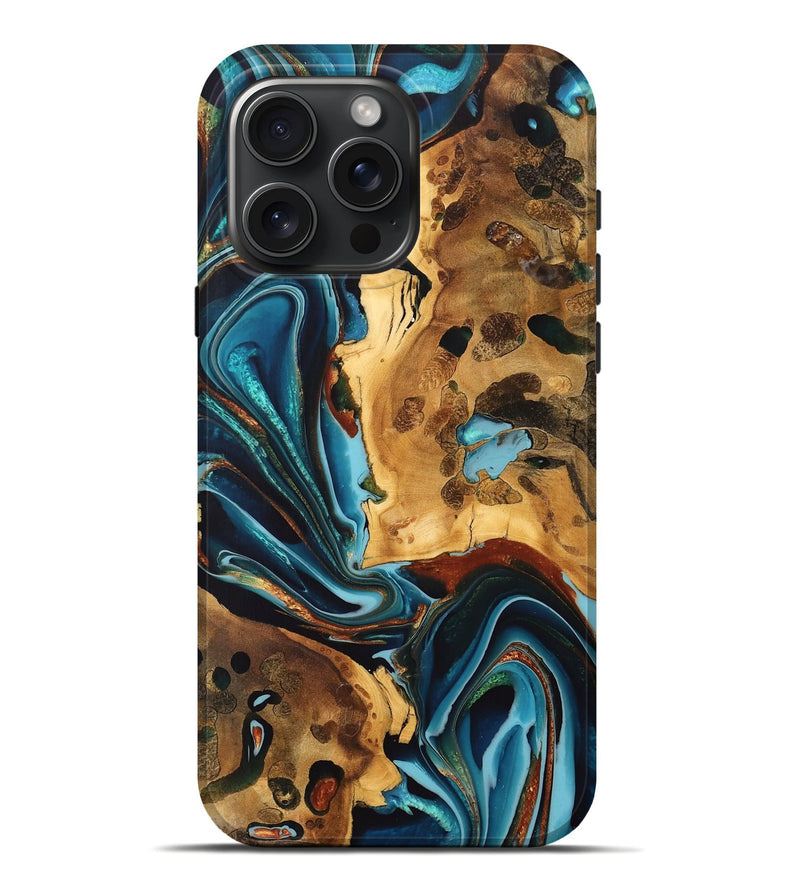 iPhone 16 Pro Max Wood Live Edge Phone Case - Myron (Teal & Gold, 747196)