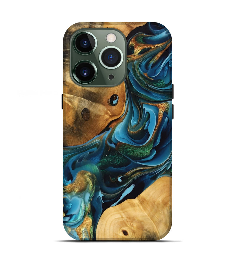 iPhone 13 Pro Wood Live Edge Phone Case - Saniya (Teal & Gold, 747198)