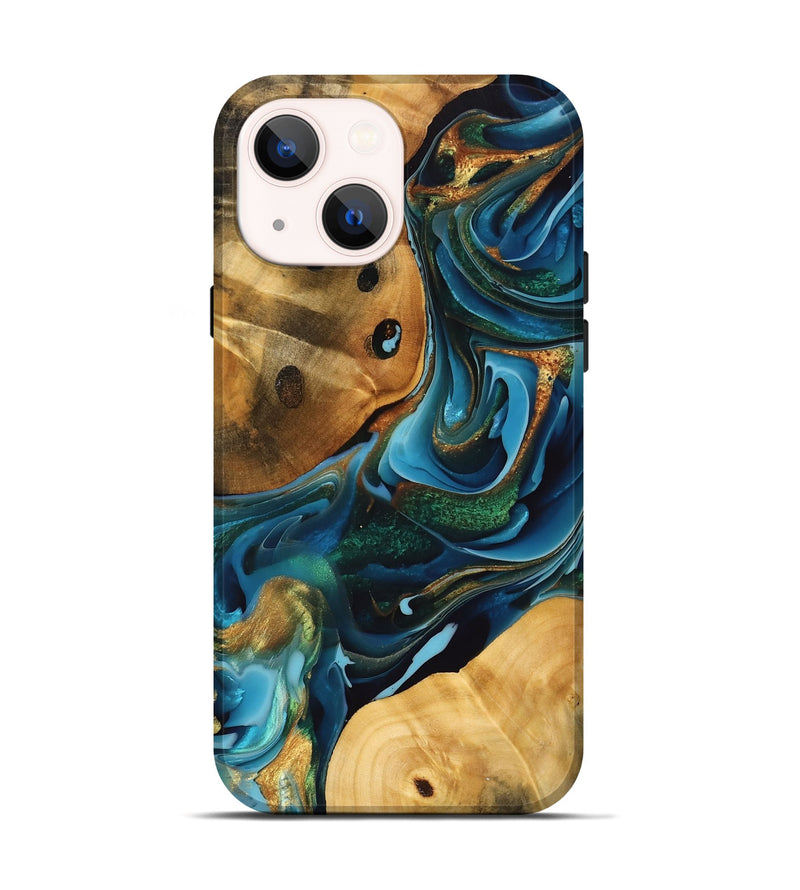 iPhone 14 Wood Live Edge Phone Case - Saniya (Teal & Gold, 747198)