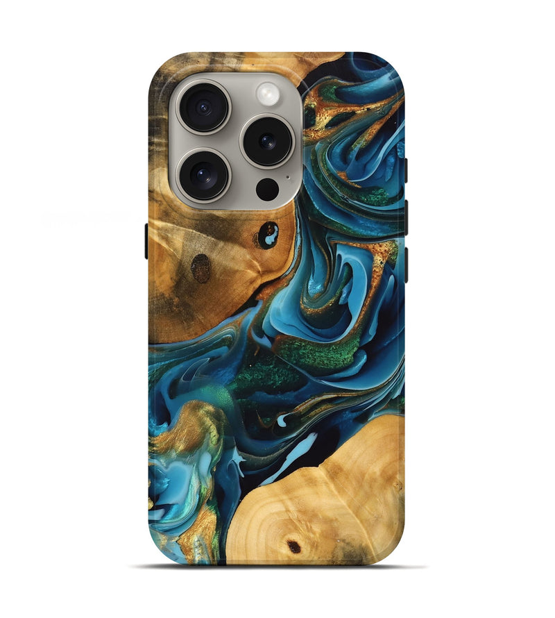 iPhone 16 Pro Wood Live Edge Phone Case - Saniya (Teal & Gold, 747198)