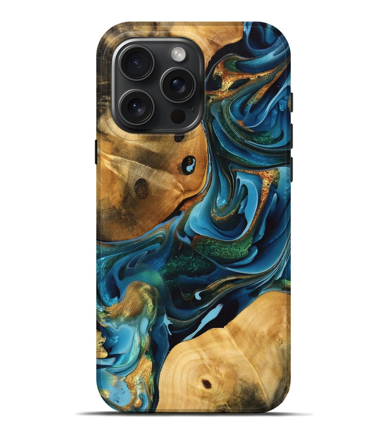 iPhone 16 Pro Max Wood Live Edge Phone Case - Saniya (Teal & Gold, 747198)